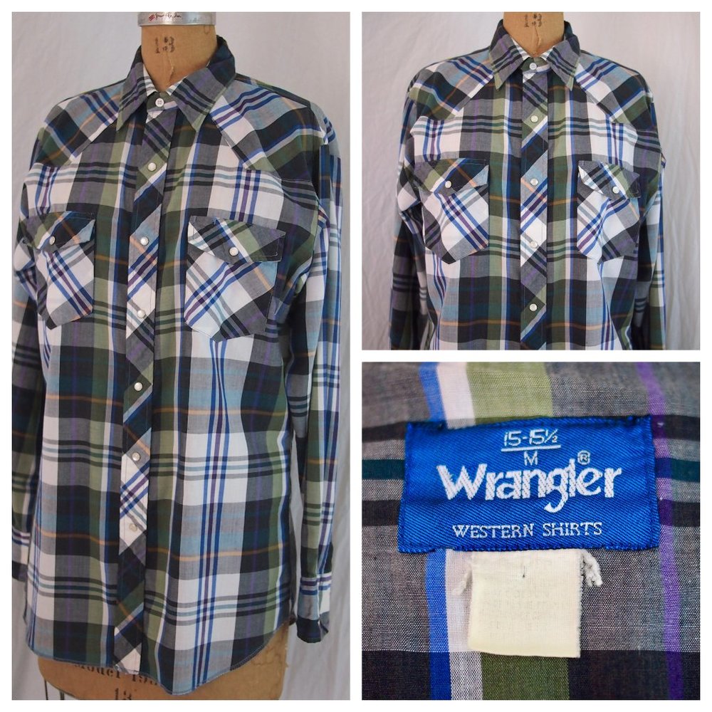 WRANGLER Blue Plaid Western L/S Shirt Pearl Snap M